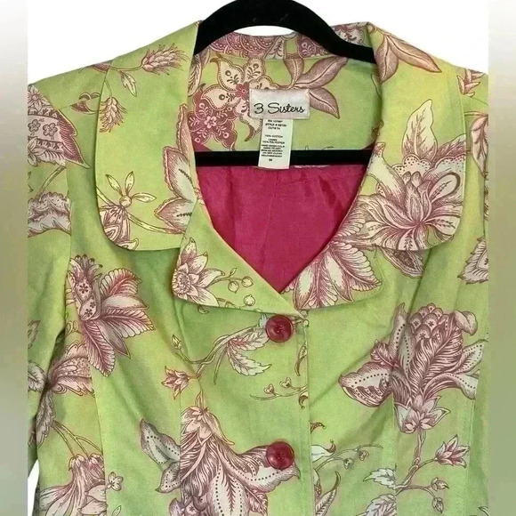 3 Sisters Green & Pink Lined Short Blazer Jacket Size Medium Floral Feminine - Picture 2 of 9